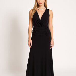 Paula Hermanny Black Maxi Dress NWT Evening Gown with Deep V Neck Open Back